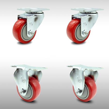 3 Inch SS Red Polyurethane Swivel Top Plate Caster Set With 2 Rigid SCC